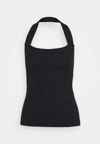 Top halter nero a coste con scollatura quadrata e spalline larghe. Il tessuto sembra morbido e elasticizzato, progettato per una silhouette aderente.
