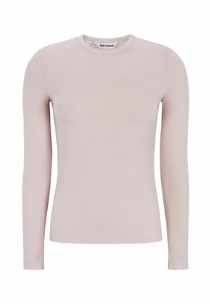 Bluză cu mâneci lungi, dintr-un material ribbed de culoare roz deschis, cu decolteu rotund și siluetă ajustată. Eticheta brandului vizibilă în guler.