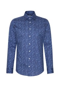 Chemise à manches longues boutonnée avec un motif floral bleu et des boutons blancs, avec un col classique et des poignets ajustés.