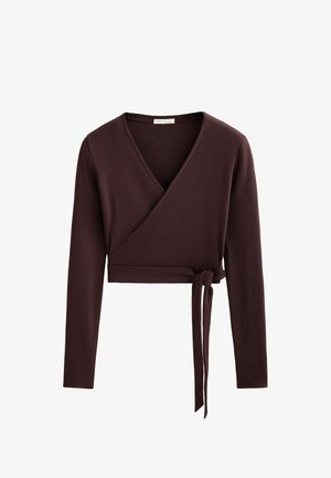 Ciemnobrązowa bluzka zapinana na wiskozy, wykonana z prążkowanego materiału, z głębokim dekoltem w kształcie V, długimi rękawami i wiązaniem w talii, umożliwiającym regulację dopasowania.
