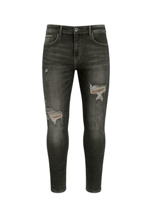 Black skinny jeans with ripped details on the thighs, medium wash, classic five-pocket design, and metal button closure.