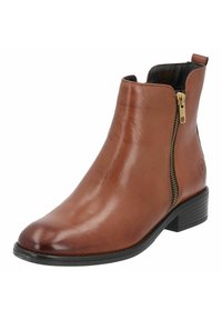 Bota de tobillo de cuero marrón con cremallera lateral, superficie texturizada, punta redondeada, tacón bajo apilado y interior negro contrastante.