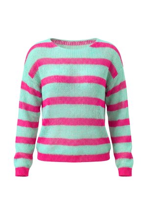 Langarm gebreide trui met turquoise en felroze horizontale strepen en een ronde hals.