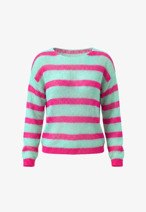 Langarm gebreide trui met turquoise en felroze horizontale strepen en een ronde hals.