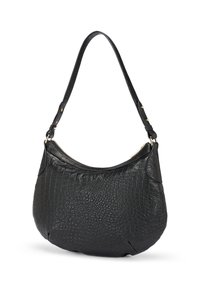 Sac en cuir noir à bandoulière avec un motif texturé ressemblant à celui des reptiles, doté d'une seule sangle réglable et d'une fermeture éclair dorée.