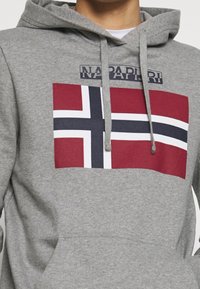 Sudadera gris con un bolsillo frontal, que presenta un diseño de la bandera noruega en rojo y azul marino. Logotipo "NAPAPIJRI" sobre la bandera en texto oscuro.