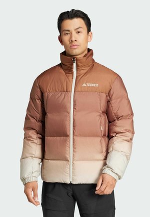 Puffer jacket featuring a gradient color scheme from brown to cream, zip closure, stand-up collar, and elasticized cuffs. Logo on chest.