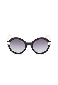 Ronde zonnebril met een gradient lens, zwart plastic montuur en witte accenten op de scharniertjes. Gladde textuur met een modern ontwerp.
