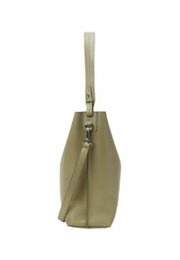 Sac à main en cuir beige clair texturé avec une forme effilée, une poignée supérieure et une sangle d'épaule réglable. Accents en matériel argenté visibles.