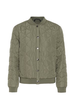 Párosított olívazöld bomber dzseki kapcsos patentokkal, bordázott gallérral, mandzsettával és szegéllyel, gyémánt alakú varrásmintával.