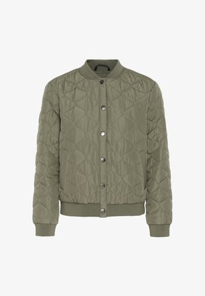Párosított olívazöld bomber dzseki kapcsos patentokkal, bordázott gallérral, mandzsettával és szegéllyel, gyémánt alakú varrásmintával.