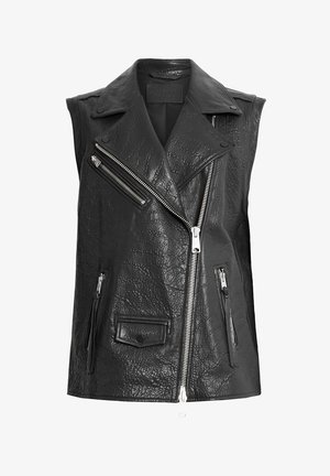 Melna ādas veste ar asimetrisku rāvējslēdzēju, īsā dizainā, piesātinātā tekstūrā un ar detaļām, kurās ir divi rāvējslēdzēju kabatas.