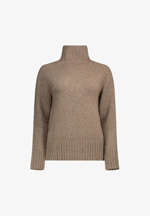 Bruine gebreide trui met een hoge ribkraag, lange mouwen en ribgebreide zoom. Kenmerkt zich door een zachte textuur en een ontspannen pasvorm.