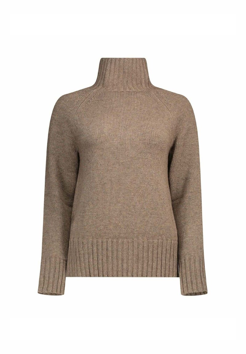 Maglione marrone lavorato a maglia con colletto alto a costine, maniche lunghe e orlo a costine. Caratterizzato da una consistenza morbida e un design dalla vestibilità relax.