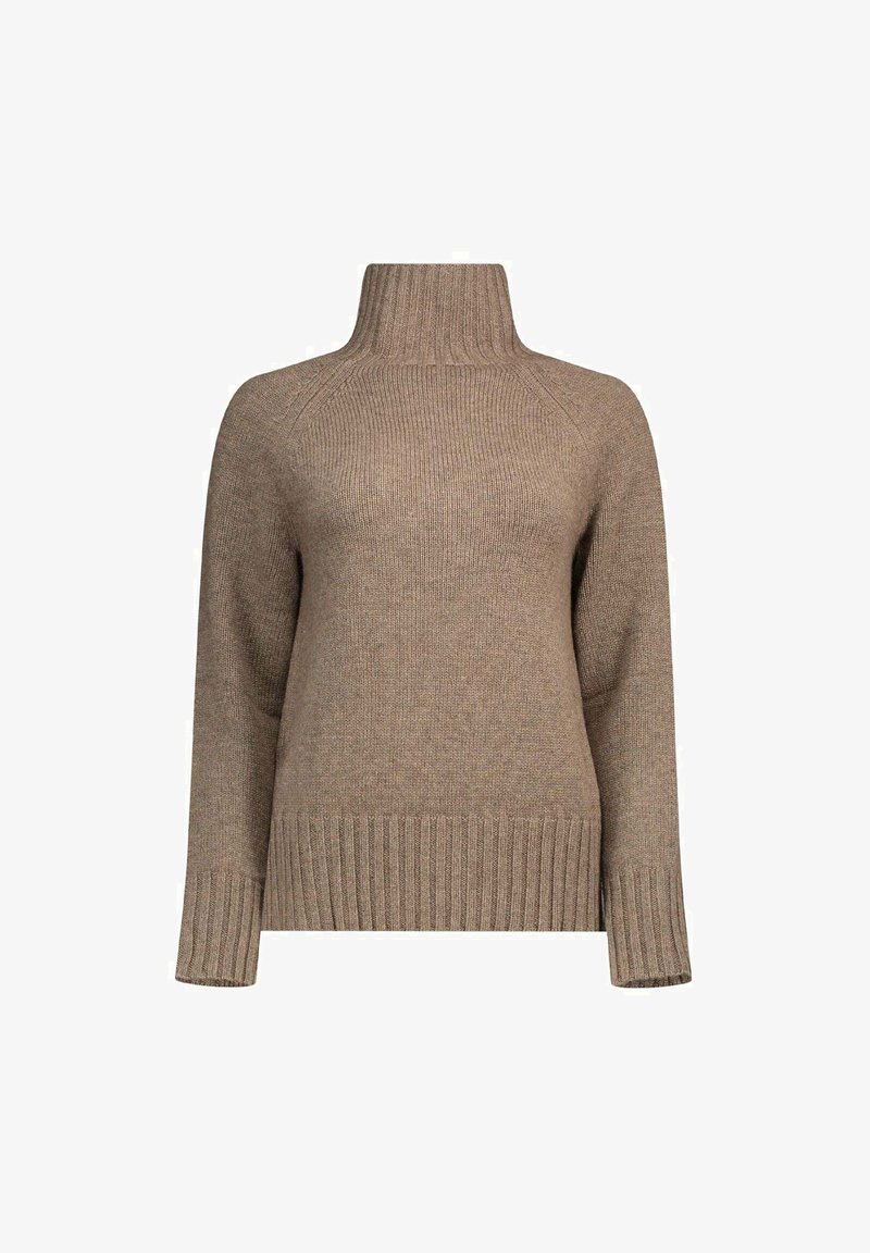 Bruine gebreide trui met een hoge ribkraag, lange mouwen en ribgebreide zoom. Kenmerkt zich door een zachte textuur en een ontspannen pasvorm.