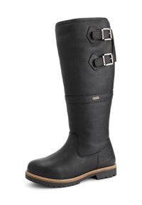 Zwarte leren knieachtige laars met twee zilveren gespen aan de zijkant, textuur afwerking en een bruine gestikte zool met robuust profiel.