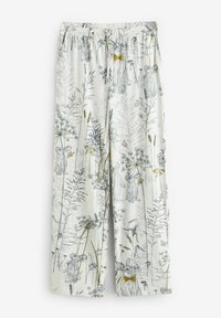 Pantalones de pijama ligeros y blancos con estampado floral y animal en gris y verde; cinturilla elástica con cordón; corte relajado.