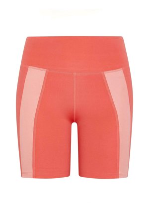 Koralo spalvos dviračių šortai, pagaminti iš minkštos, tamprios medžiagos, turi platų liemenu ir kontrastingas šviesiai rožines šonines juostas, sukuriant spalvų blokavimo dizainą.