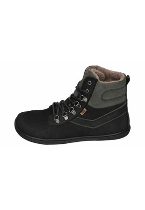 Black and gray high-top boots with a suede and fabric upper, metal eyelets, and a faux fur lining. Rubber sole with textured pattern.