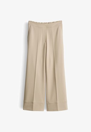 Beige, weit geschnittene Hose mit hohem Bund, seitlichen Taschen, vorderer Nahtverzierung und breiten Bündchen am Saum.