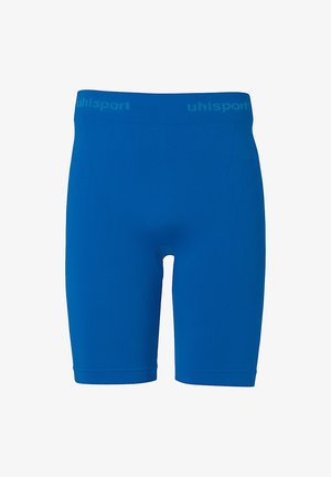 Blå atletiske underbukser lavet af strækbart stof. Har en glat tekstur, en tætsiddende design og et kontrasterende logo på taljen.