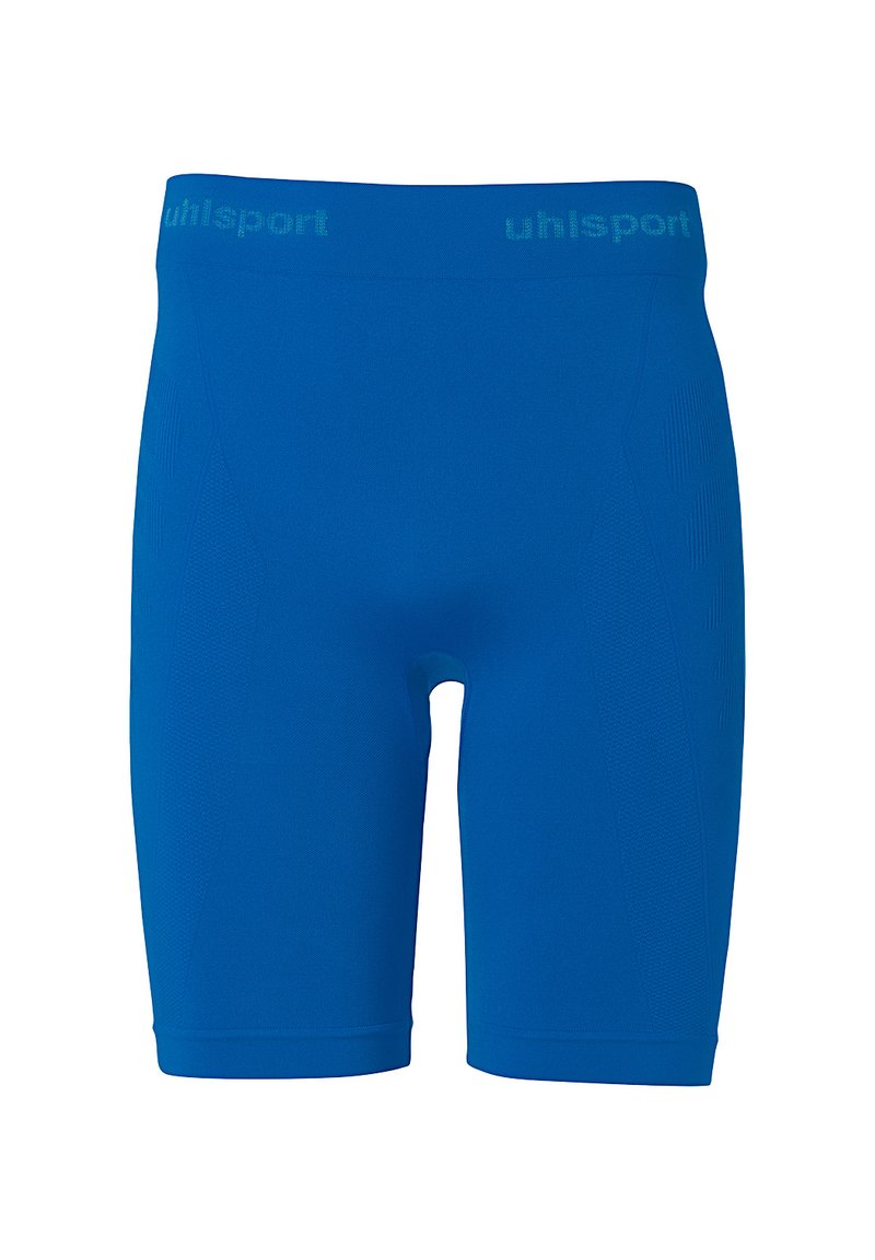 Bañador deportivo azul hecho de tela elástica. Presenta una textura suave, un diseño ajustado y un logo en contraste en la cinturilla.