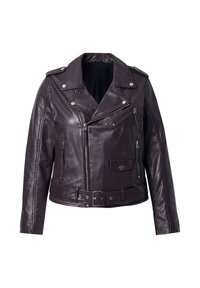 Bordeaux leren motorjack met een gebeltste taille, asymmetrische voorknop, zilveren hardware en twee ritszakken. Gelaagde afwerking.