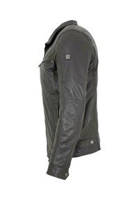 Dark green leather jacket featuring a fitted design, zippered chest pocket, snap buttons, and distinct stitching details.