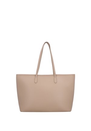 Beige Ledertasche mit zwei langen Schulterriemen, rechteckiger Form und glatter, strukturierter Oberfläche.