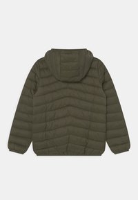 Ciemnozielona pikowana kurtka z kapturem, elastycznymi mankietami oraz chevronowymi przeszyciami na rękawach i plecach.