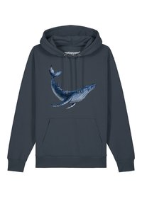 Marineblaue Kapuzenjacke aus Baumwollmischung, mit einem großen bedruckten Walfisch-Motiv auf der Vorderseite, Kängurutasche und Kordelzugkapuze.