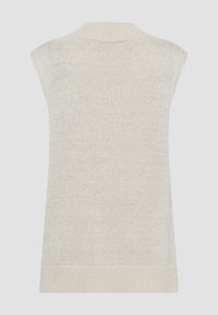 Hellgrauer ärmelloser Pullover mit einem strukturierten Strickmuster, hoher Kragen und geripptem Saum, aus weichem Material und mit lockerer Passform.