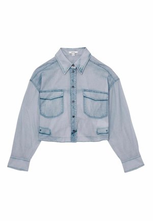 Sinine denim õlavarre jope, millel on nööpidega esiosa, terav krae ja kaks rinna taskut, millel on kontrastsed õmblused.