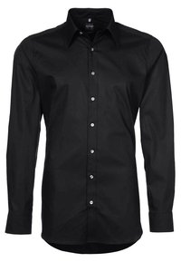 Black long-sleeved shirt made of smooth fabric, featuring a pointed collar, front button closure, and single-button cuffs.