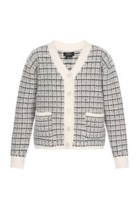 Fekete-fehér mintás kardigán V-nyakkivágással, krémszínű szegélyekkel, négy gombbal és két első zsebbel. Kötött textúrájú.