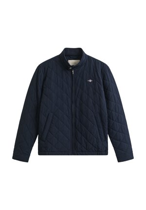 Marineblaue gesteppte Jacke mit durchgehendem Frontreißverschluss, Stehkragen, Seitentaschen und kleinem Logo auf der Brust.