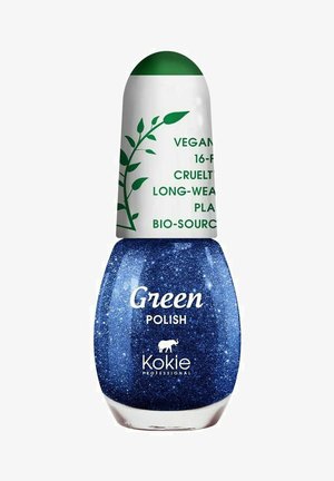 Kokie professionel neglelak i en blå glimmerfinish, med et hvidt og grønt låg, mærket som vegansk og uden dyreforsøg.