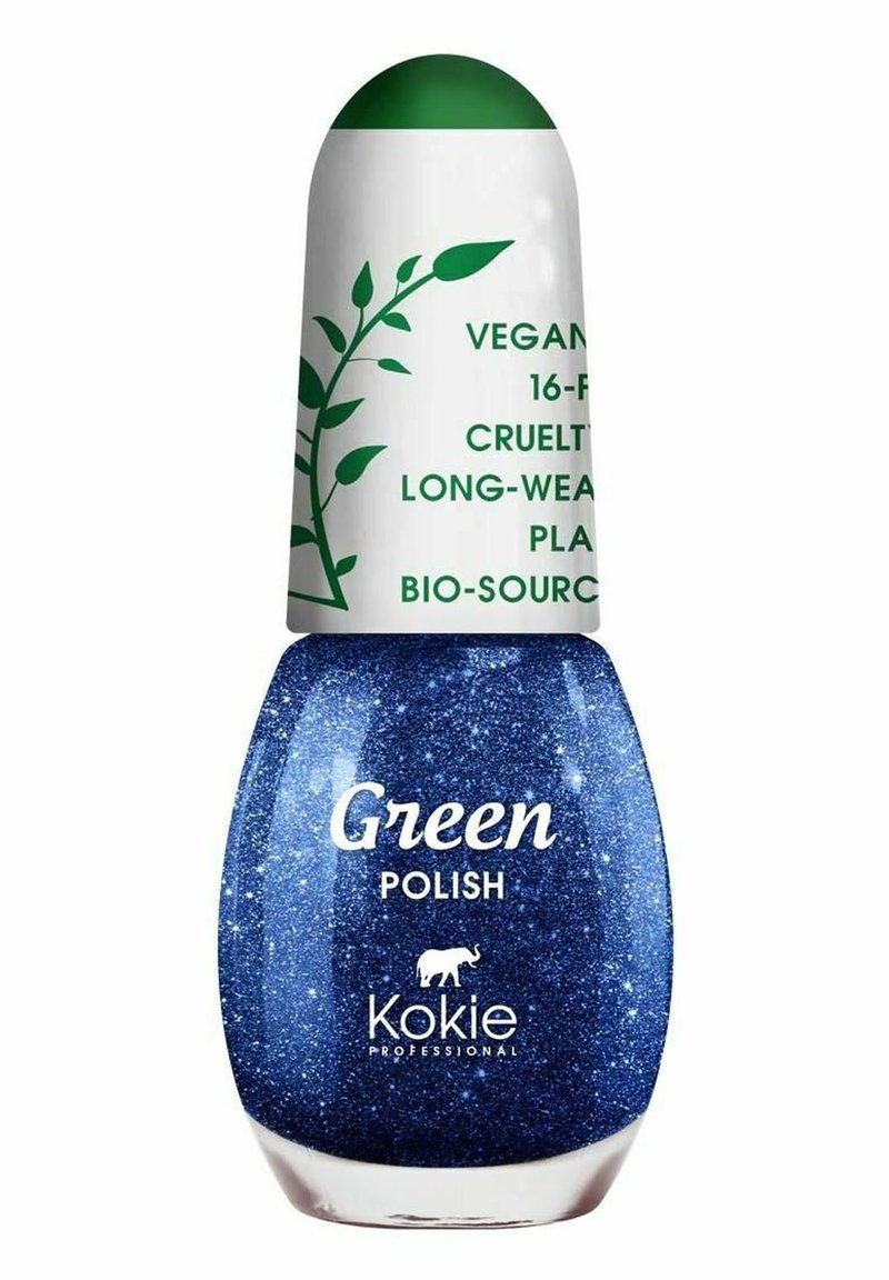 Kokie Professional nagellack i blå glittrig finish, med ett vitt och grönt lock, märkt som veganskt och cruelty-free.