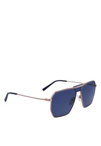 Occhiali da sole esagonali con montatura in metallo bronzo, lenti azzurrate e punte delle astine nere. Presentano cuscinetti per il naso regolabili per il massimo comfort.