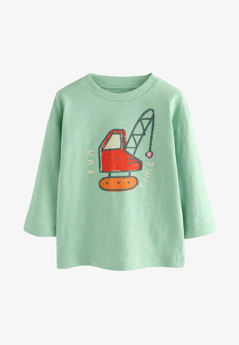 Light green long-sleeve toddler shirt with a red and orange crane illustration and the words "fun time" on the front.