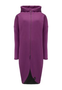 Fioletowa sukienka-rozpinana bluza z kapturem, z długimi rękawami, prostym krojem i czarnym wykończeniem na dole. Gładka faktura.