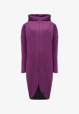 Fioletowa sukienka-rozpinana bluza z kapturem, z długimi rękawami, prostym krojem i czarnym wykończeniem na dole. Gładka faktura.