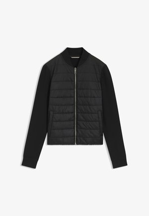 Veste bomber légère noire avec devant matelassé, manches lisses, fermeture éclair et poches latérales.