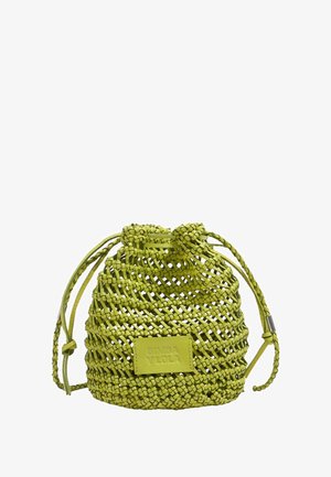 Small lime green woven drawstring bag with two knotted closures and a rectangular "Bimba y Lola" logo patch on front.