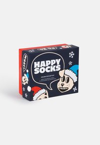 Σετ δώρου Happy Socks με κυρίαρχα χρώματα σκούρο μπλε και κόκκινο, το οποίο διαθέτει παιχνιδιάρικες απεικονίσεις σκύλων και σχέδια χιονονιφάδας. Περιέχει δύο ζεύγη.