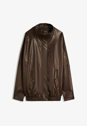 Brown leather jacket with a high collar, side pockets, and elasticized hem. Smooth texture with a slightly shiny finish.