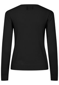 Pulover negru cu mânecă lungă, cu guler rotund, fabricat dintr-un material moale, texturat. Prezintă un design ajustat și mansete și tiv cu textură în relief.