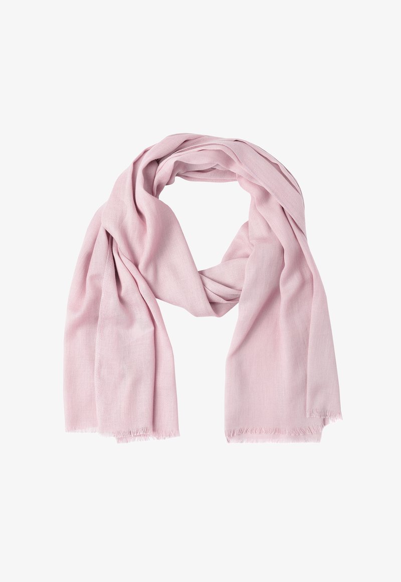 Lys pink letvægsscarf, lavet af blødt, vævet stof med frynser, der har en glat tekstur og en afslappet drapering.
