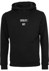 Sudadera negra con capucha y un bolsillo tipo canguro en el frente. Presenta cordones y el texto blanco "ABSOLUTAMENTE NO" en el pecho. Textura de tela suave.