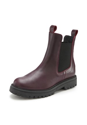 Burgundy leather ankle boot featuring elastic side panels, pull tabs, and a ridged rubber sole. Smooth texture with a sleek design.